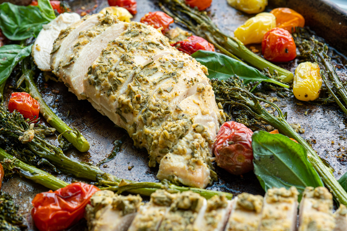 One Pan Hummus Crusted Chicken and Veggies Working Against Gravity